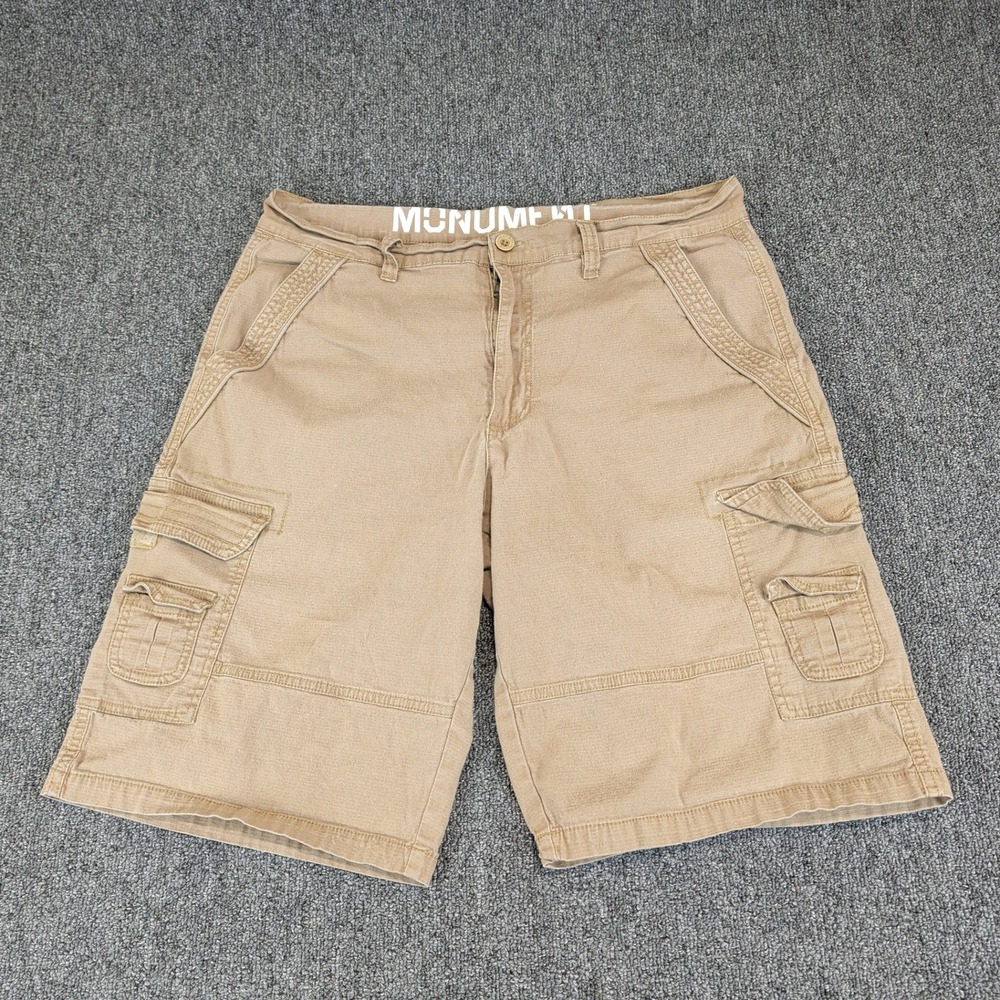 Monument Mens Cargo Shorts Size 34 Tan Cotton Blend Utility Gorpcore Relaxed Fit